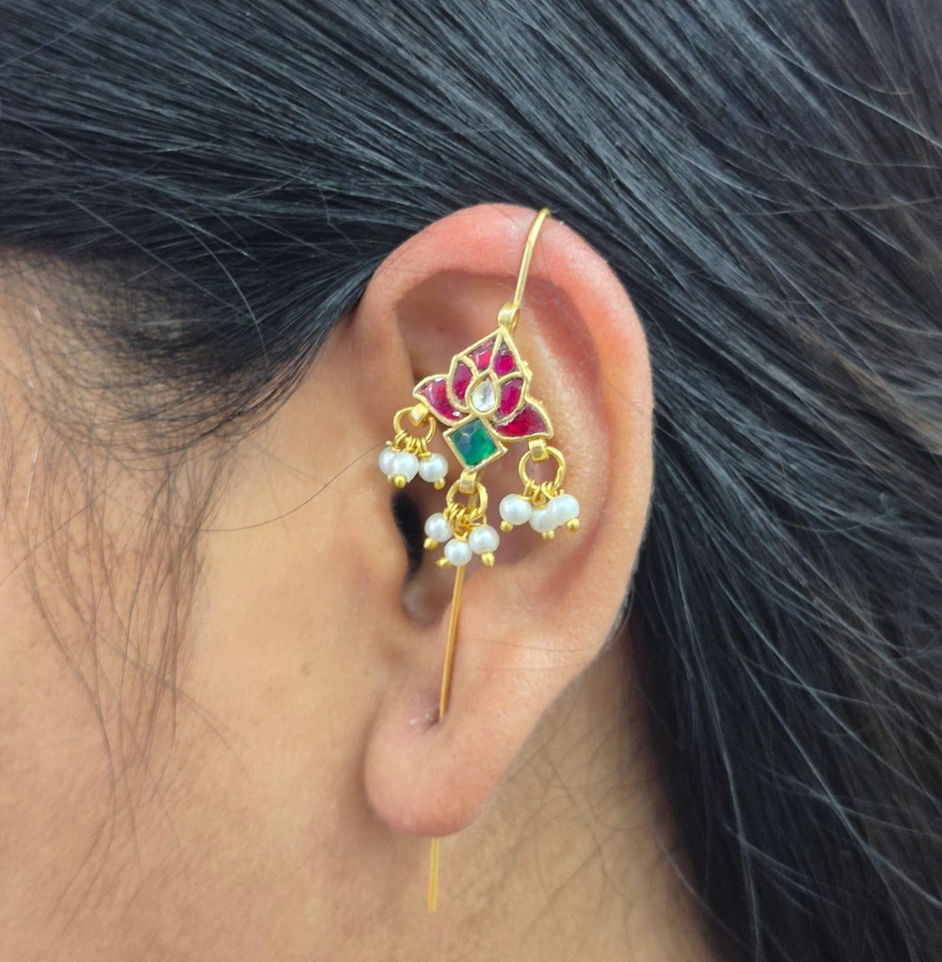 Elegant designer earcuff in pachi kundan in Multi for women