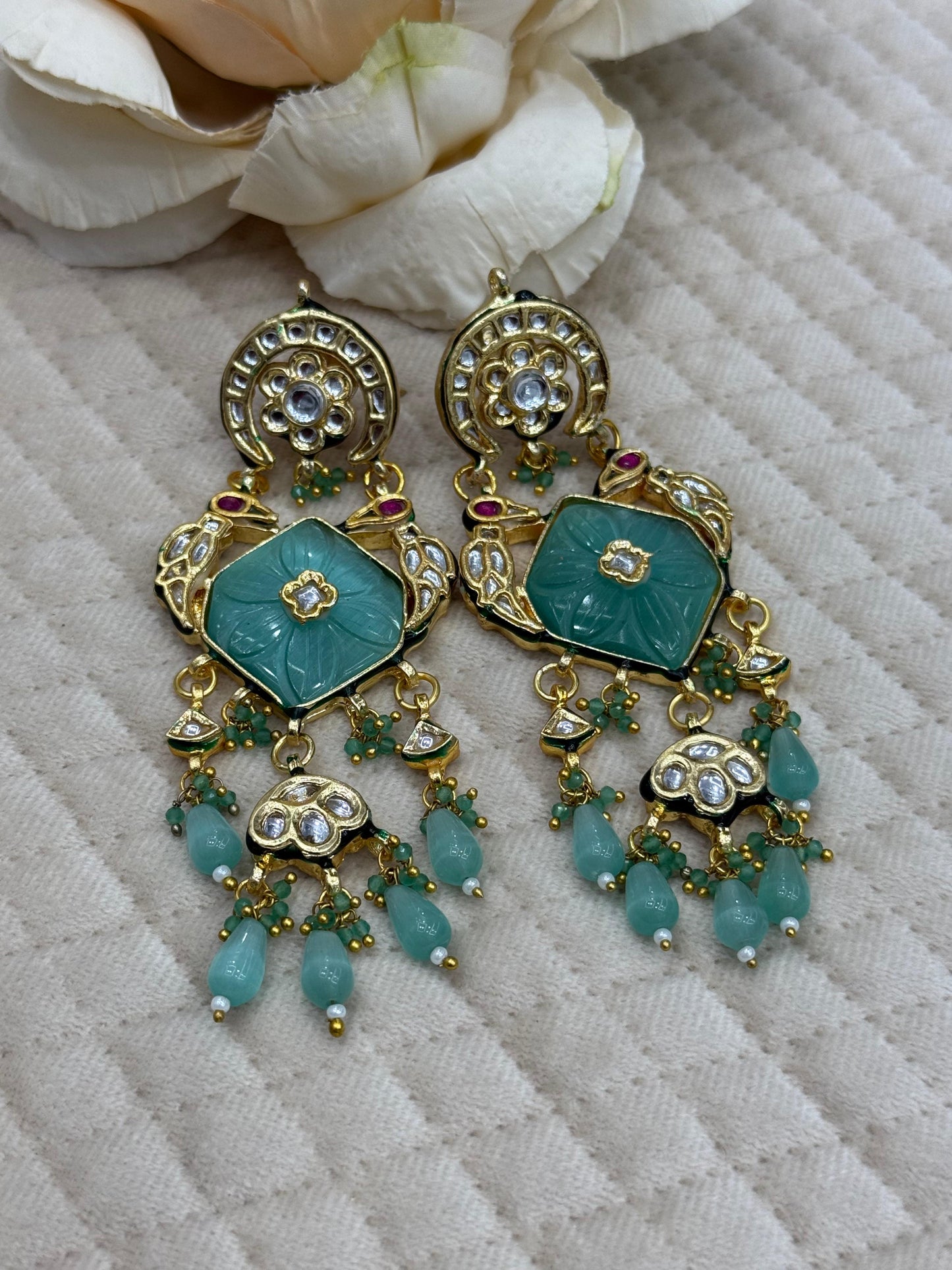 Meenakari Long Kundan Earring With Carved Stone in Blue for women