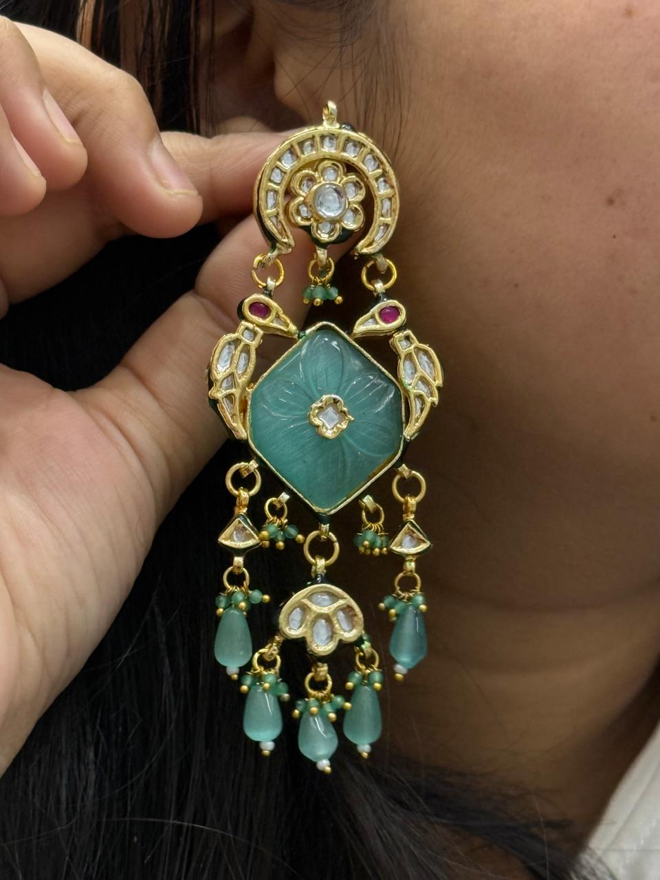 Meenakari Long Kundan Earring With Carved Stone in Blue for women