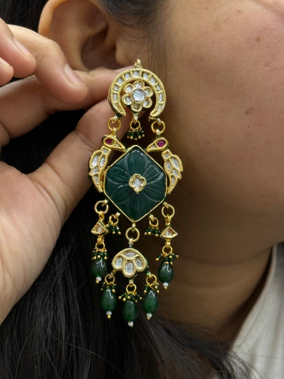 Meenakari Long Kundan Earring With Carved Stone in Emerald Green for women