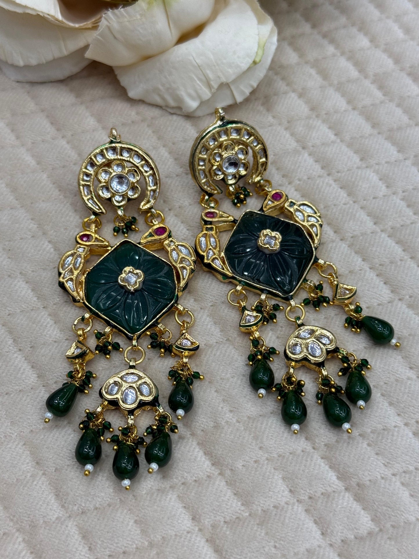 Meenakari Long Kundan Earring With Carved Stone in Emerald Green for women