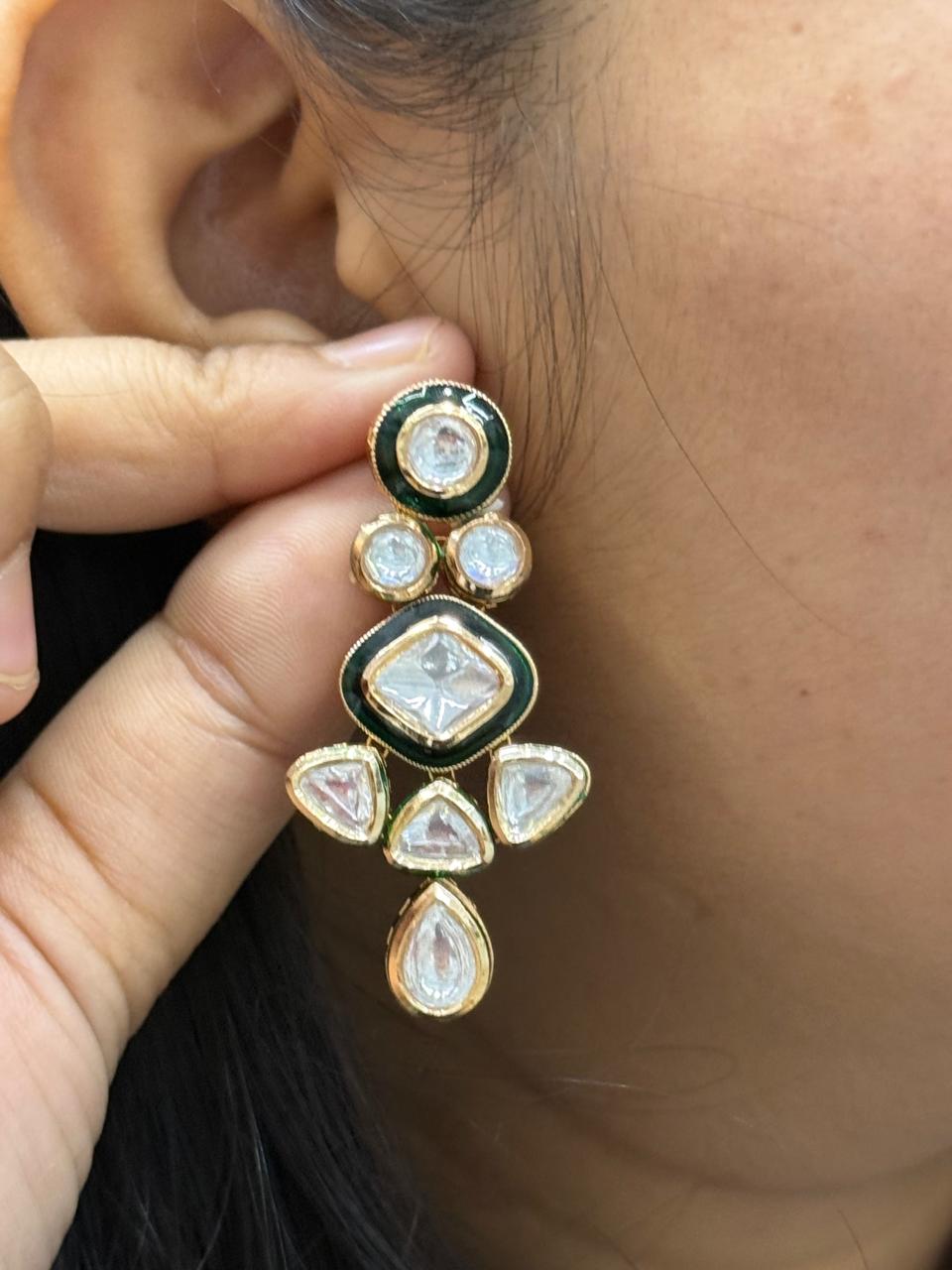 Enamelling With Kundan Polki In Green for women