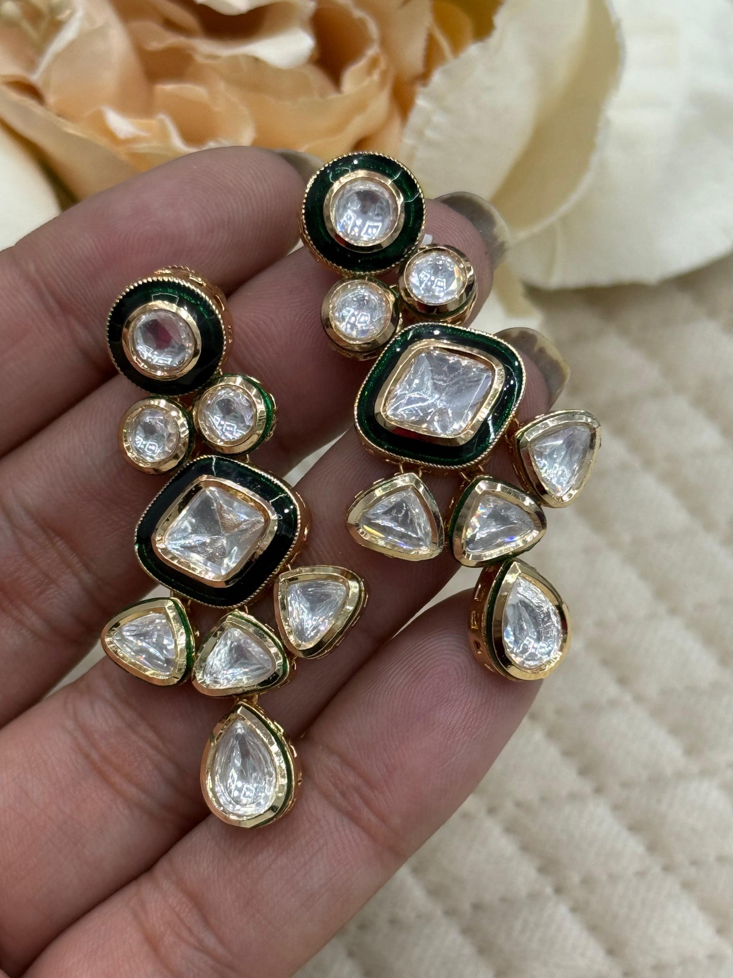 Enamelling With Kundan Polki In Green for women