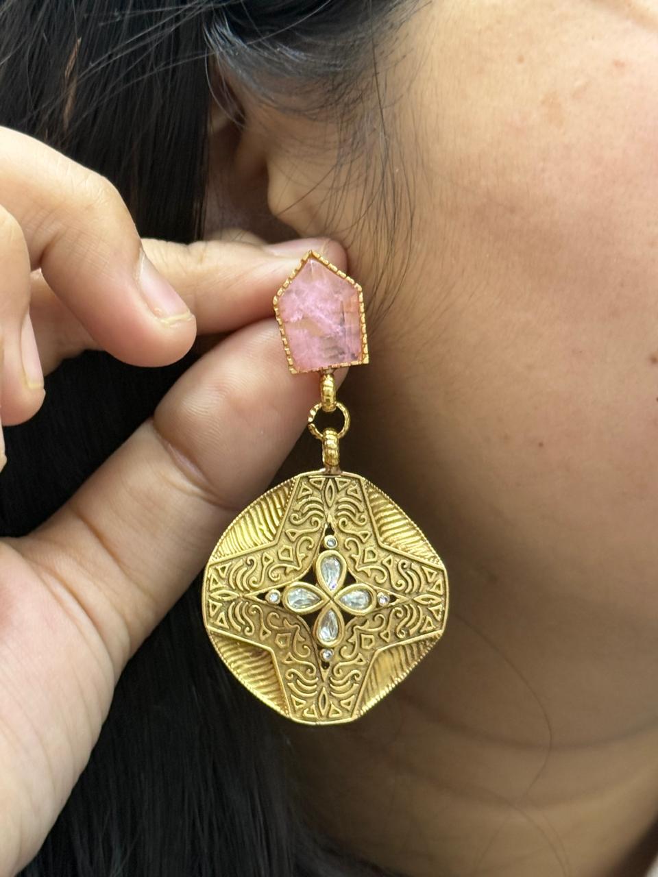 Kemp Stone  Kundan Floral Earrings in Pink for women