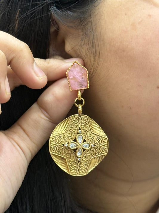 Kemp Stone  Kundan Floral Earrings in Pink for women