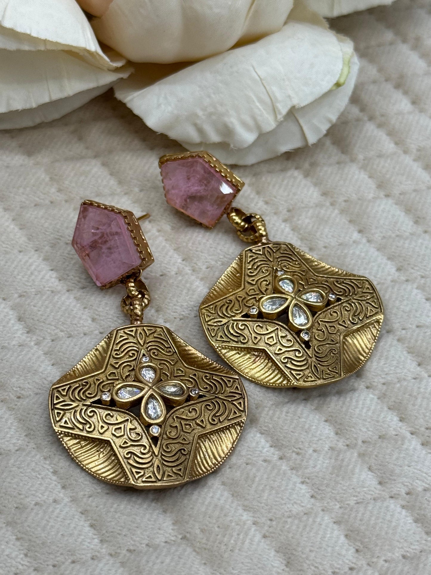 Kemp Stone  Kundan Floral Earrings in Pink for women