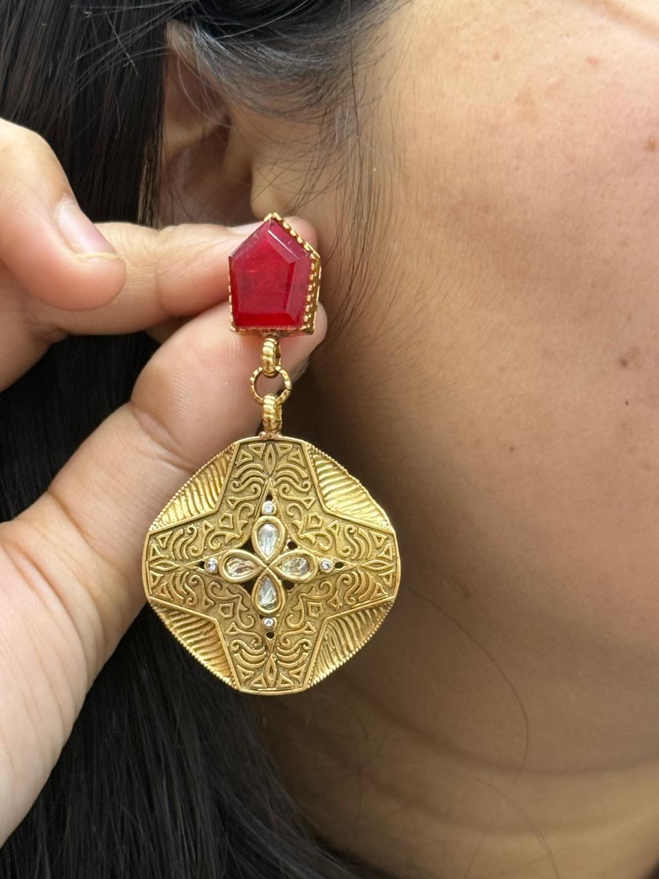 Kemp Stone  Kundan Floral Earrings in Ruby for women