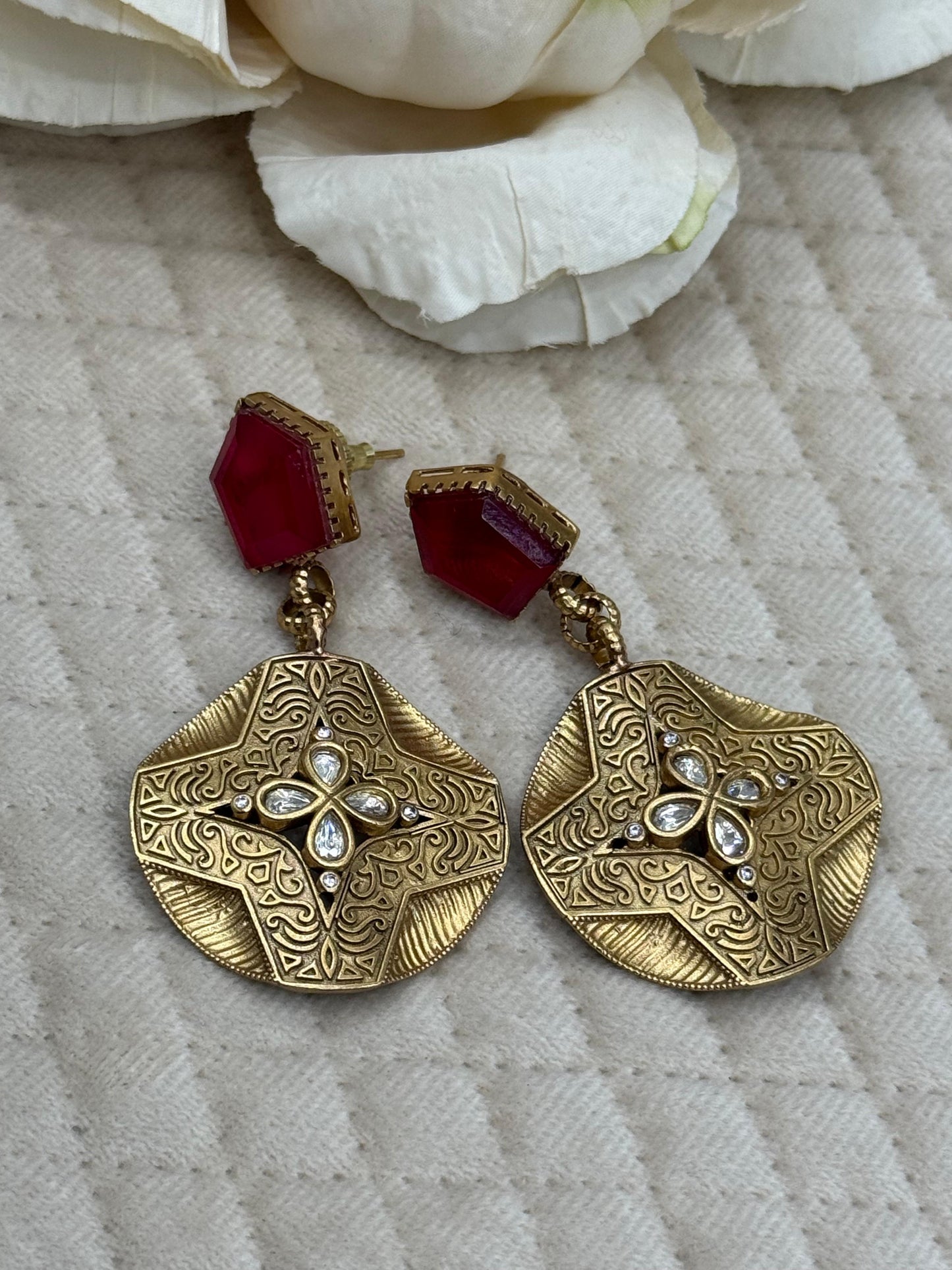 Kemp Stone  Kundan Floral Earrings in Ruby for women