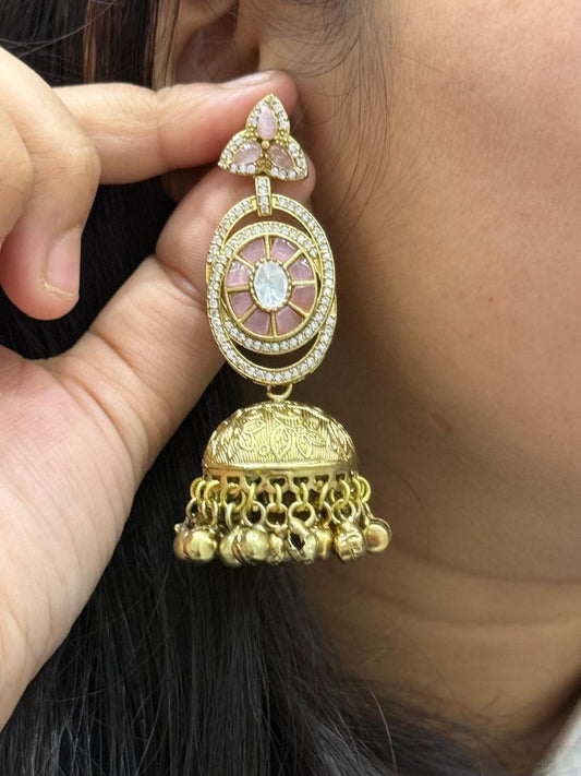 Golden Tone   Kundan Jhumka  Earrings in Pink  for women