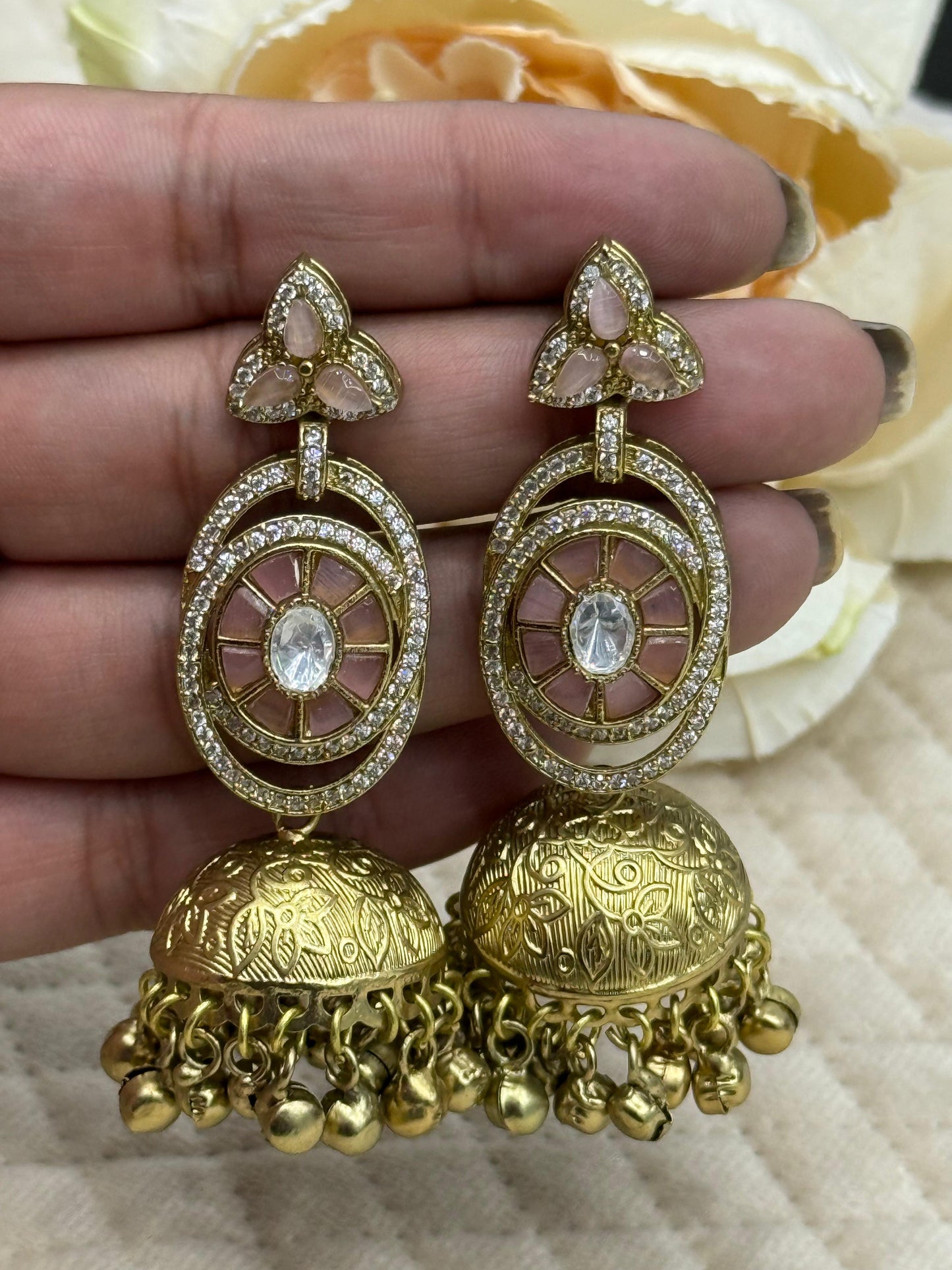 Golden Tone   Kundan Jhumka  Earrings in Pink  for women