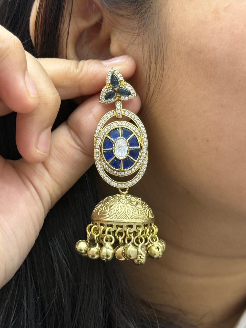 Golden Tone   Kundan Jhumka  Earrings in Blue for women