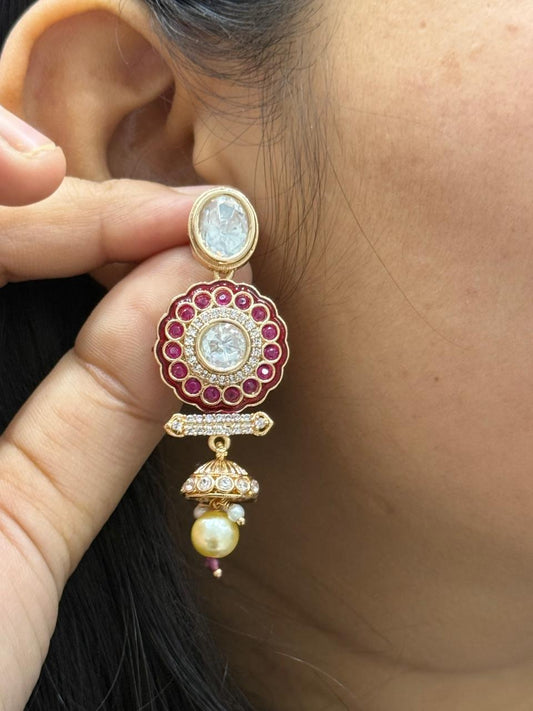 Meenakakri With Stones With Hnaging Mossanites Earrings In Ruby For Women