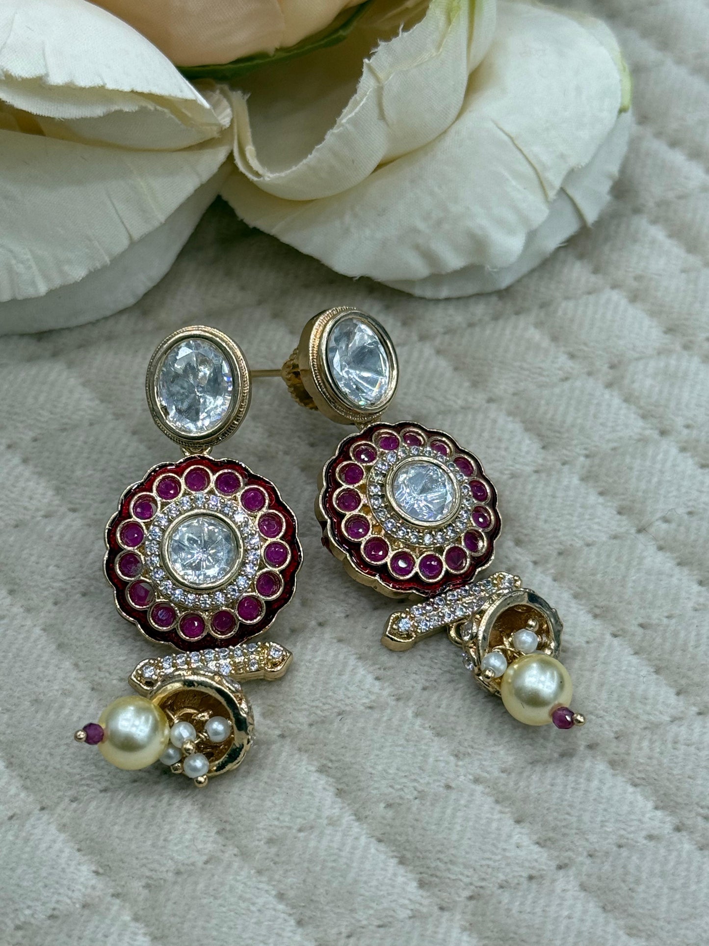 Meenakakri With Stones With Hnaging Mossanites Earrings In Ruby For Women