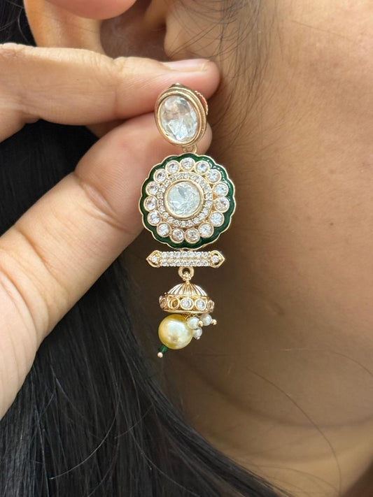Meenakakri With Stones With Hnaging Mossanites Earrings In Green For Women