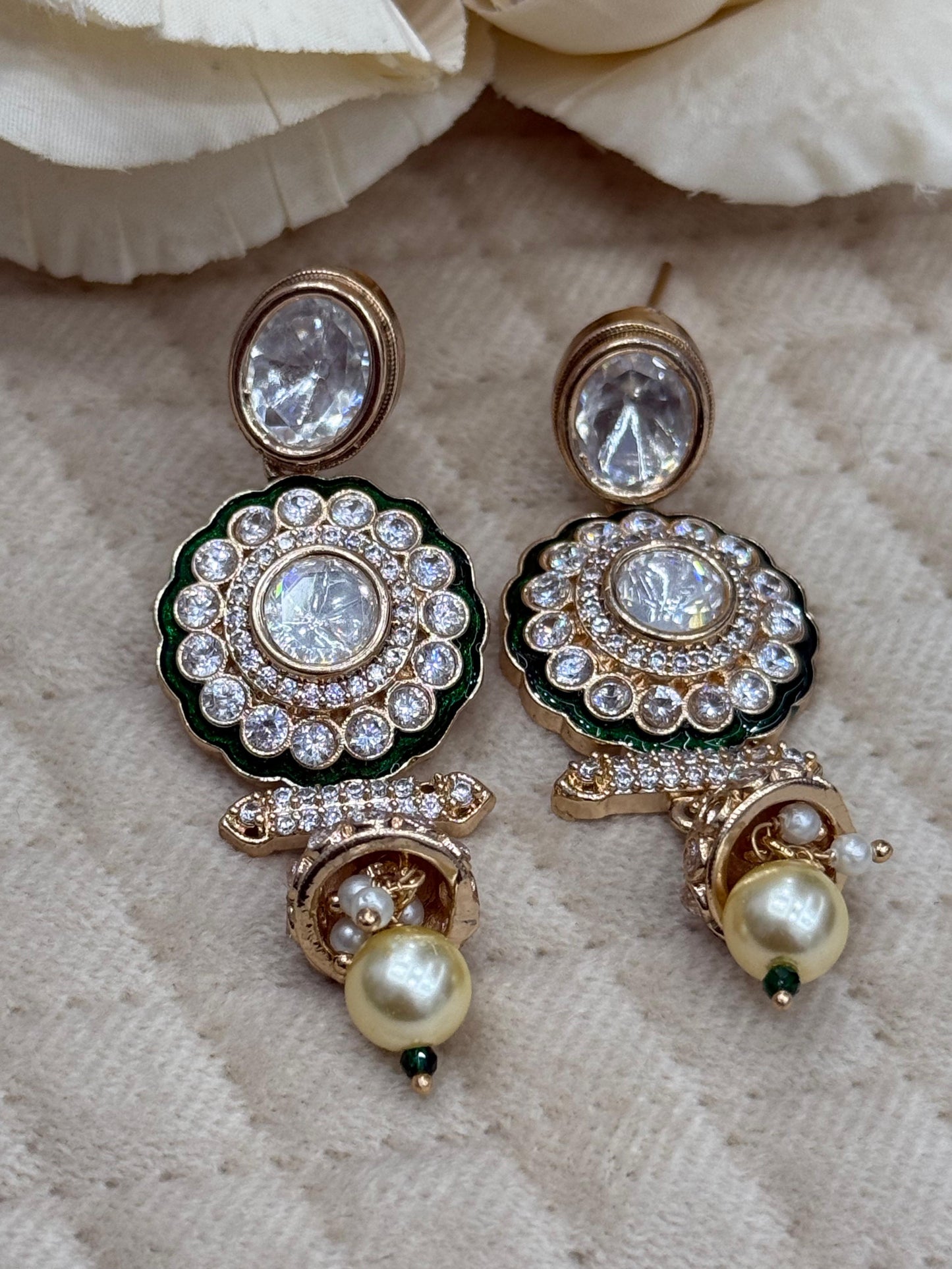 Meenakakri With Stones With Hnaging Mossanites Earrings In Green For Women