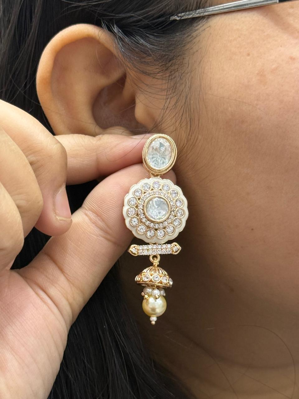 Meenakakri With Stones With Hnaging Mossanites Earrings In White For Women