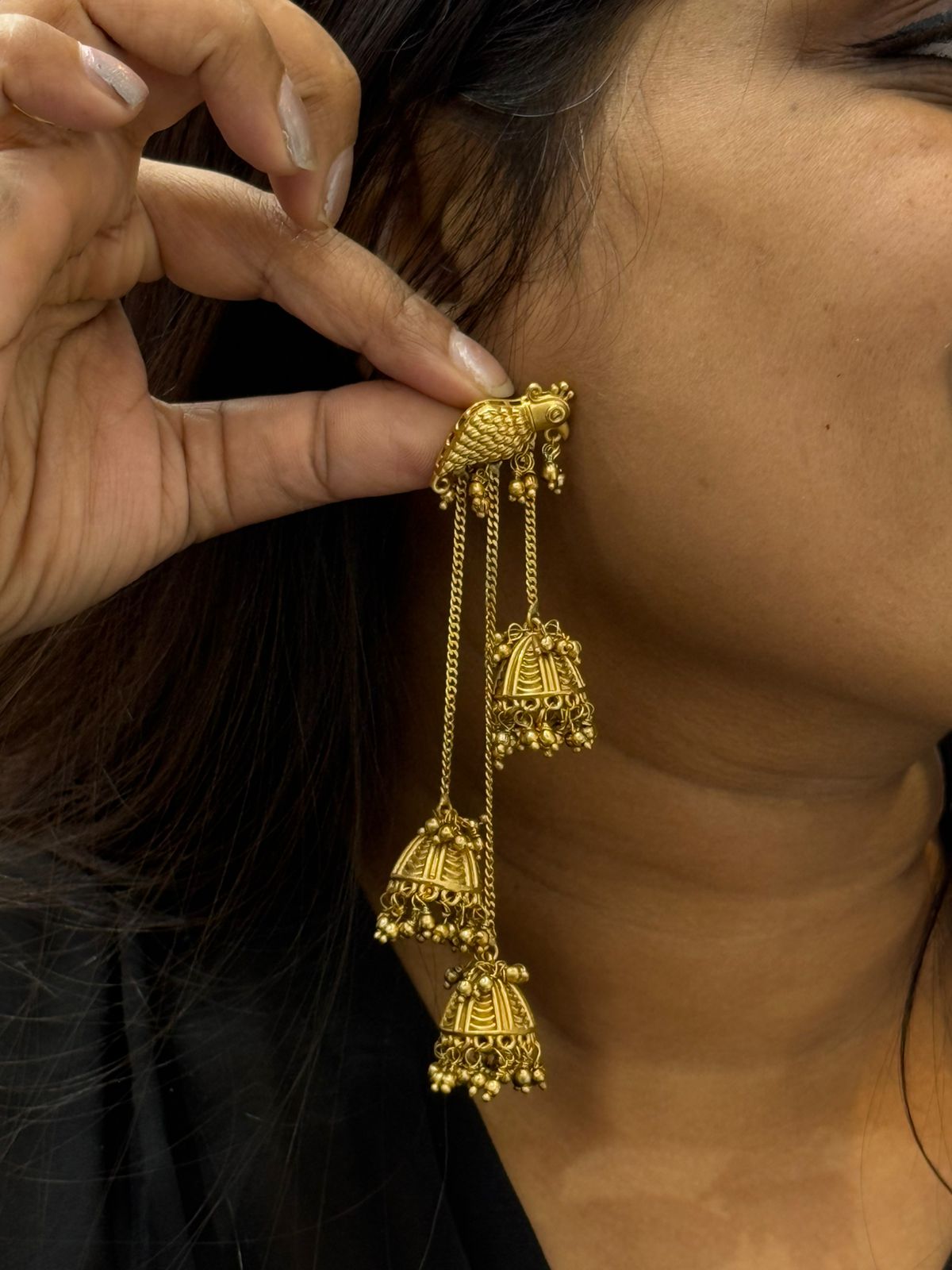 Bird with triple strings Jhumkis earrings