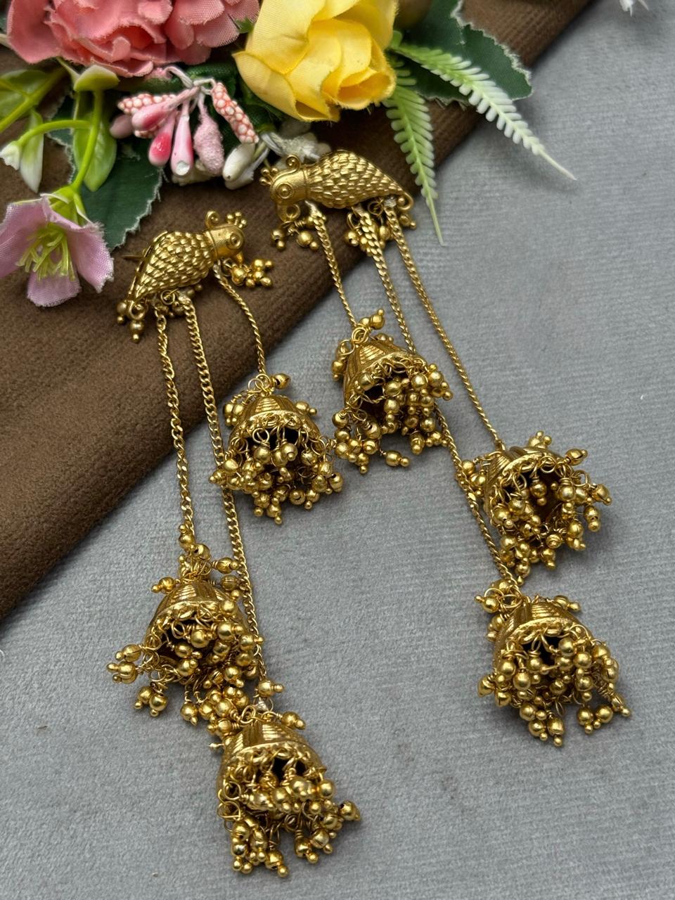 Bird with triple strings Jhumkis earrings