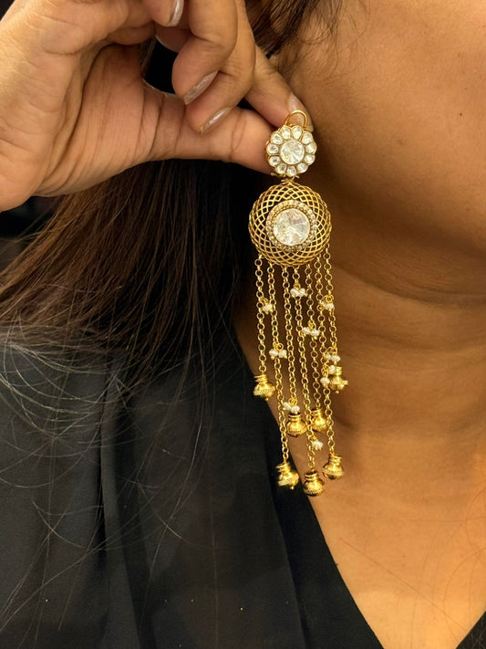 Mossanite With Ghungroo Chain Handmade Earrings