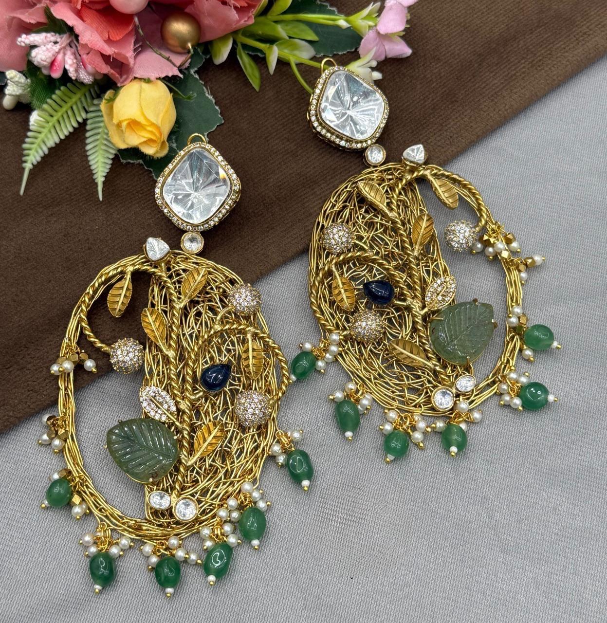 HANDMADE EARRINGS WITH TULIP BEADS AND MOSSANITES FOR WOMEN