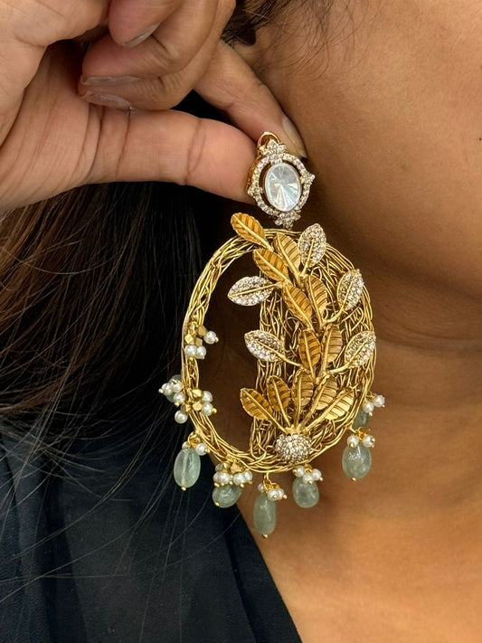 HANDMADE EARRINGS WITH LEAFY PATTERN AND MOSSANITES FOR WOMEN