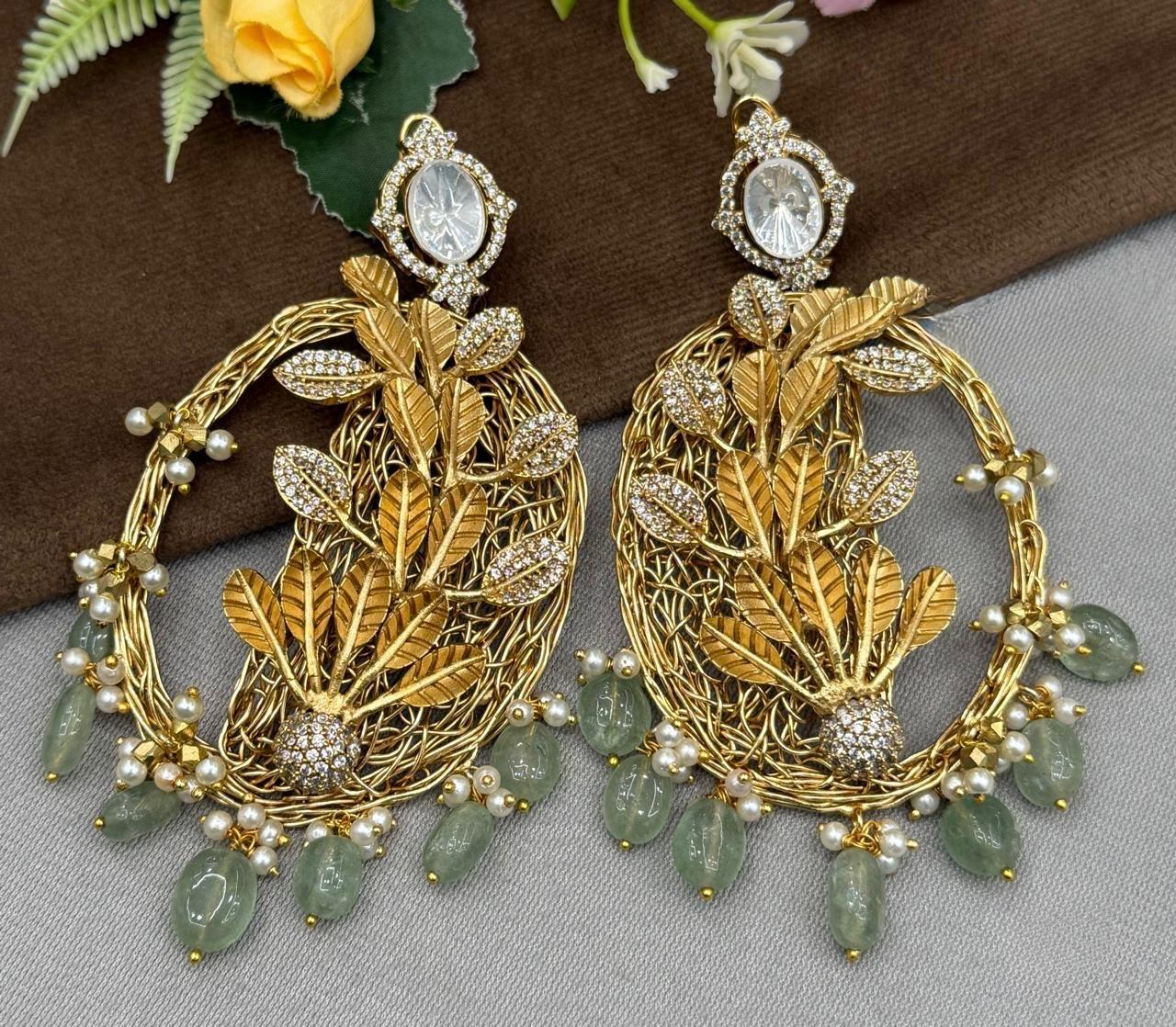 HANDMADE EARRINGS WITH LEAFY PATTERN AND MOSSANITES FOR WOMEN