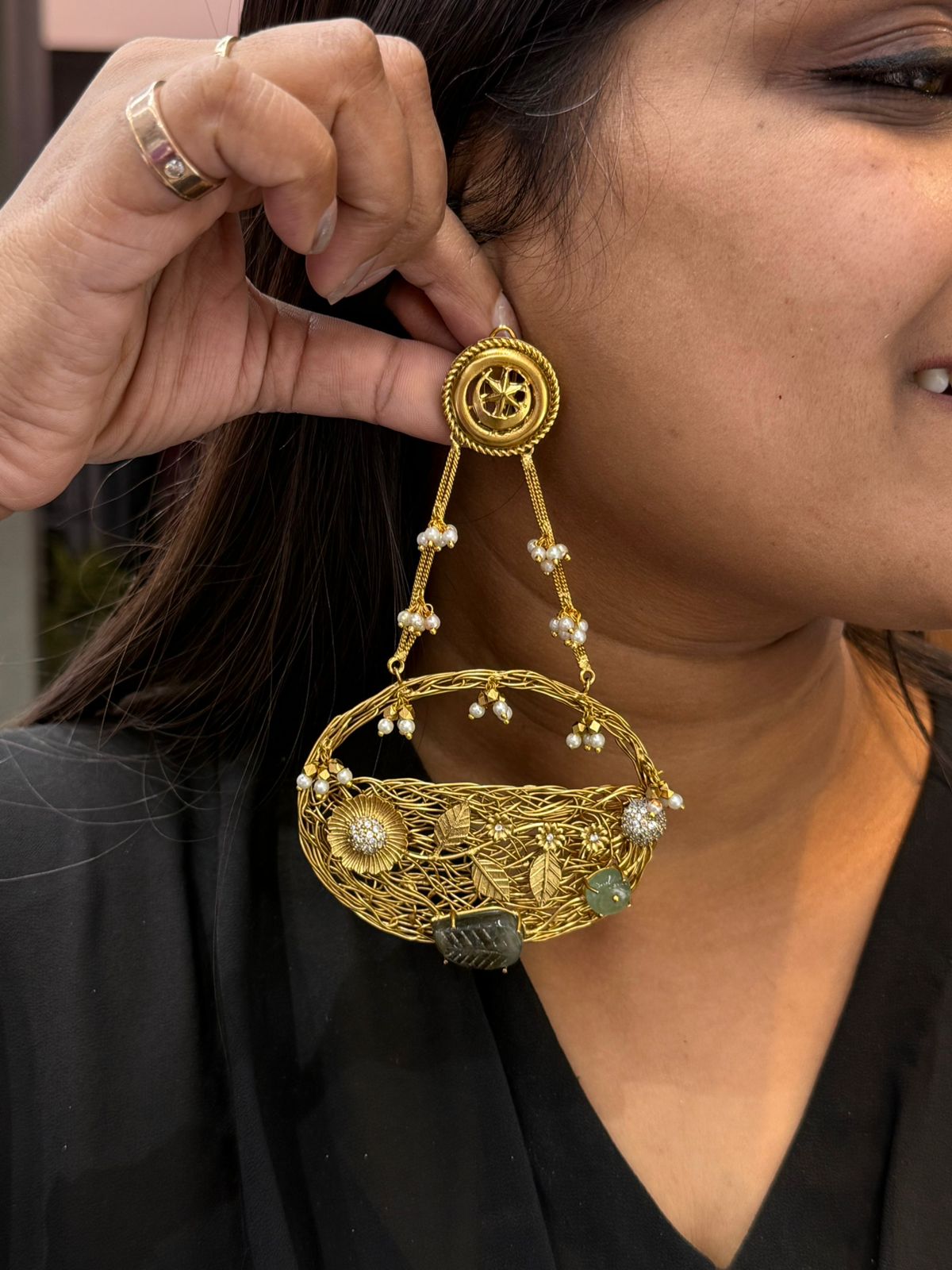 HANDMADE EARRINGS WITH CARVED STONE AND MOSSANITES FOR WOMEN