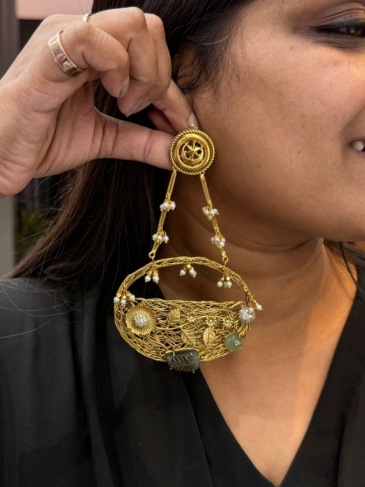 HANDMADE EARRINGS WITH CARVED STONE AND MOSSANITES FOR WOMEN