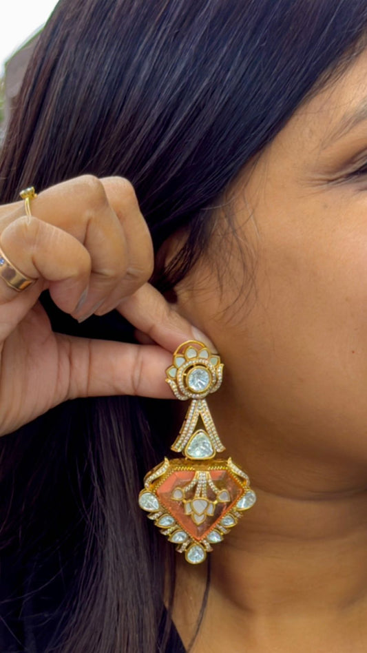 Carving Doublet Stone With Triangle Mossanite in peach earring