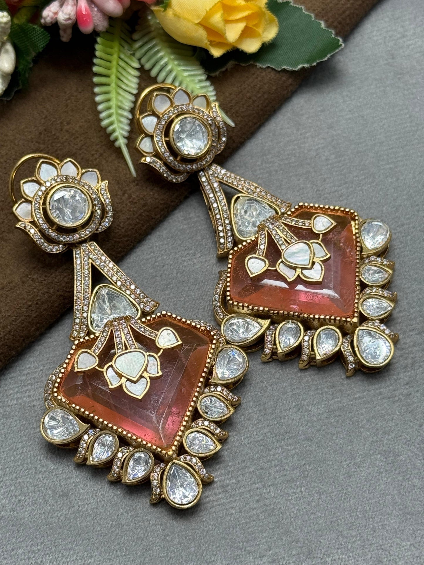 Carving Doublet Stone With Triangle Mossanite in peach earring