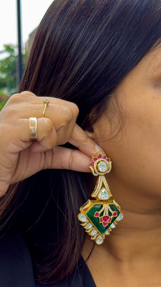 Carving Doublet Stone With Triangle Mossanite in Emerald Green earring