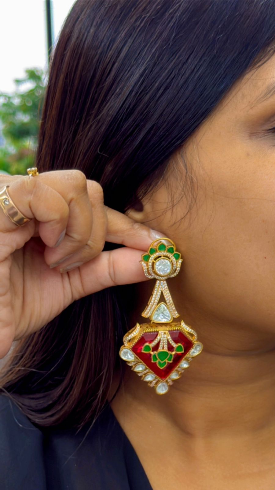 Carving Doublet Stone With Triangle Mossanite in Red earring