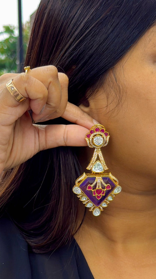 Carving Doublet Stone With Triangle Mossanite in Purple earring