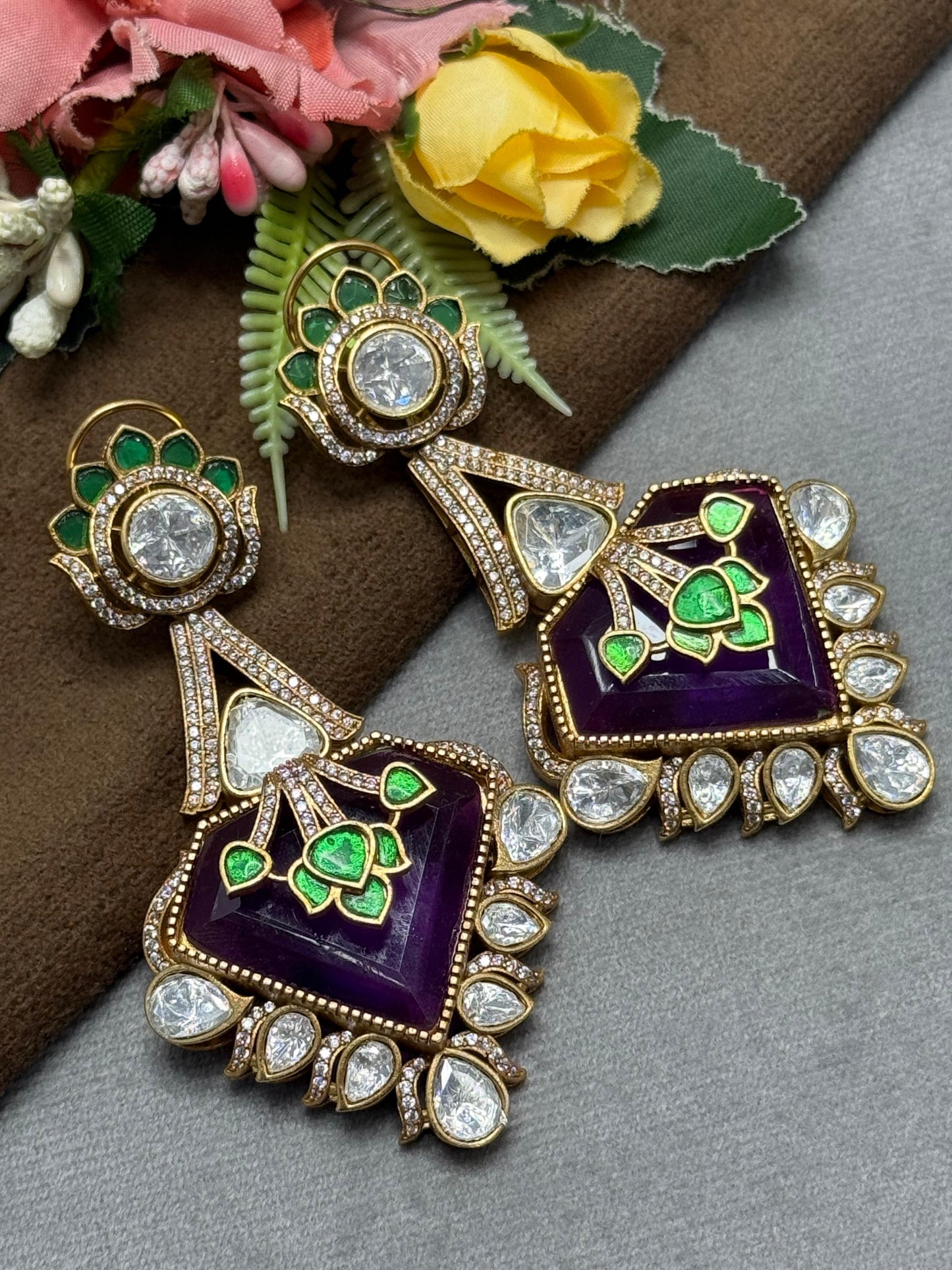 Carving Doublet Stone With Triangle Mossanite in Purple earring