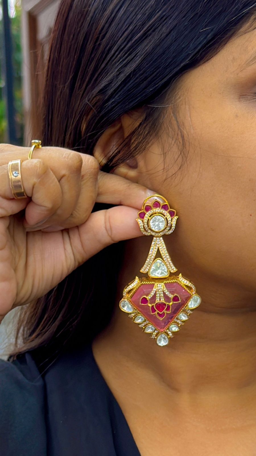 Carving Doublet Stone With Triangle Mossanite in Pink earring