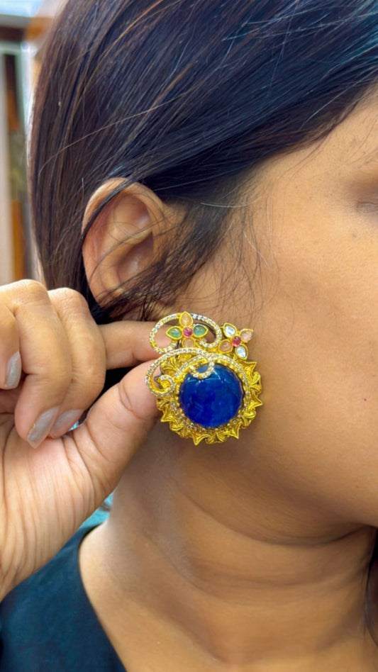 Round Oversized Studs In Sabya in blue For Women