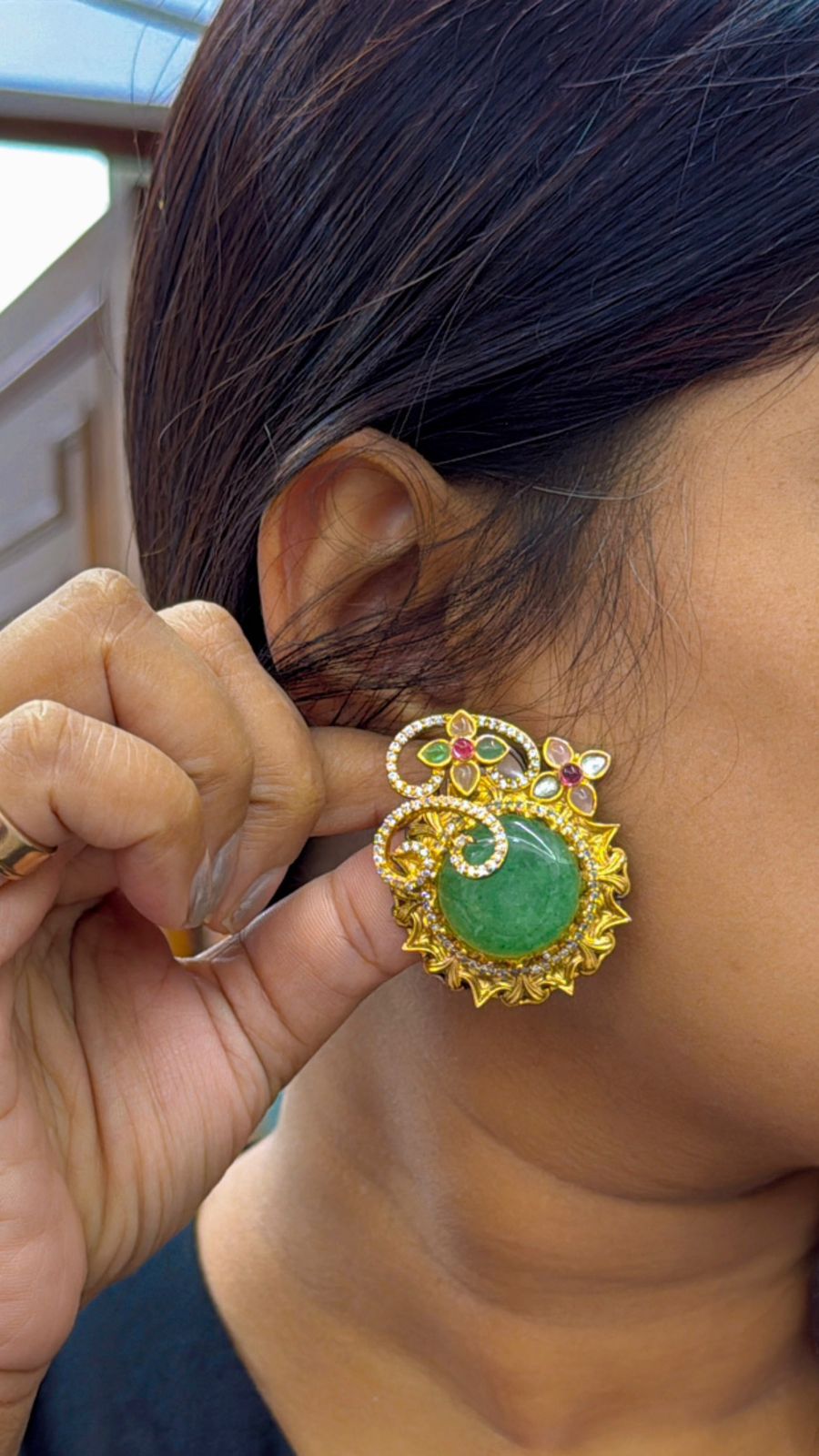 Round Oversized Studs In Sabya in Mint For Women