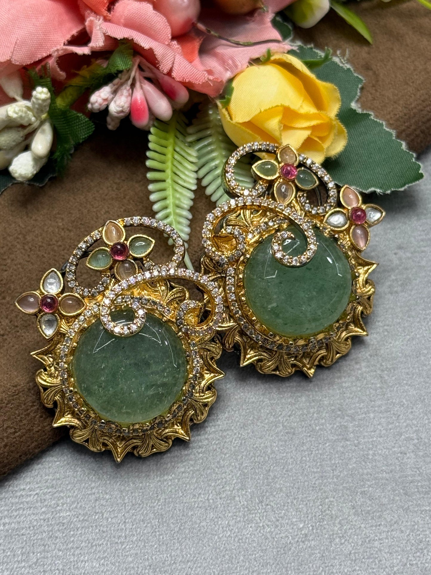 Round Oversized Studs In Sabya in Mint For Women