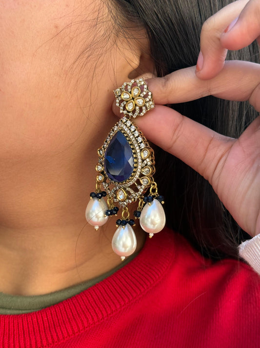 Pearl Hanging With Doublet Earring in  blue for woman