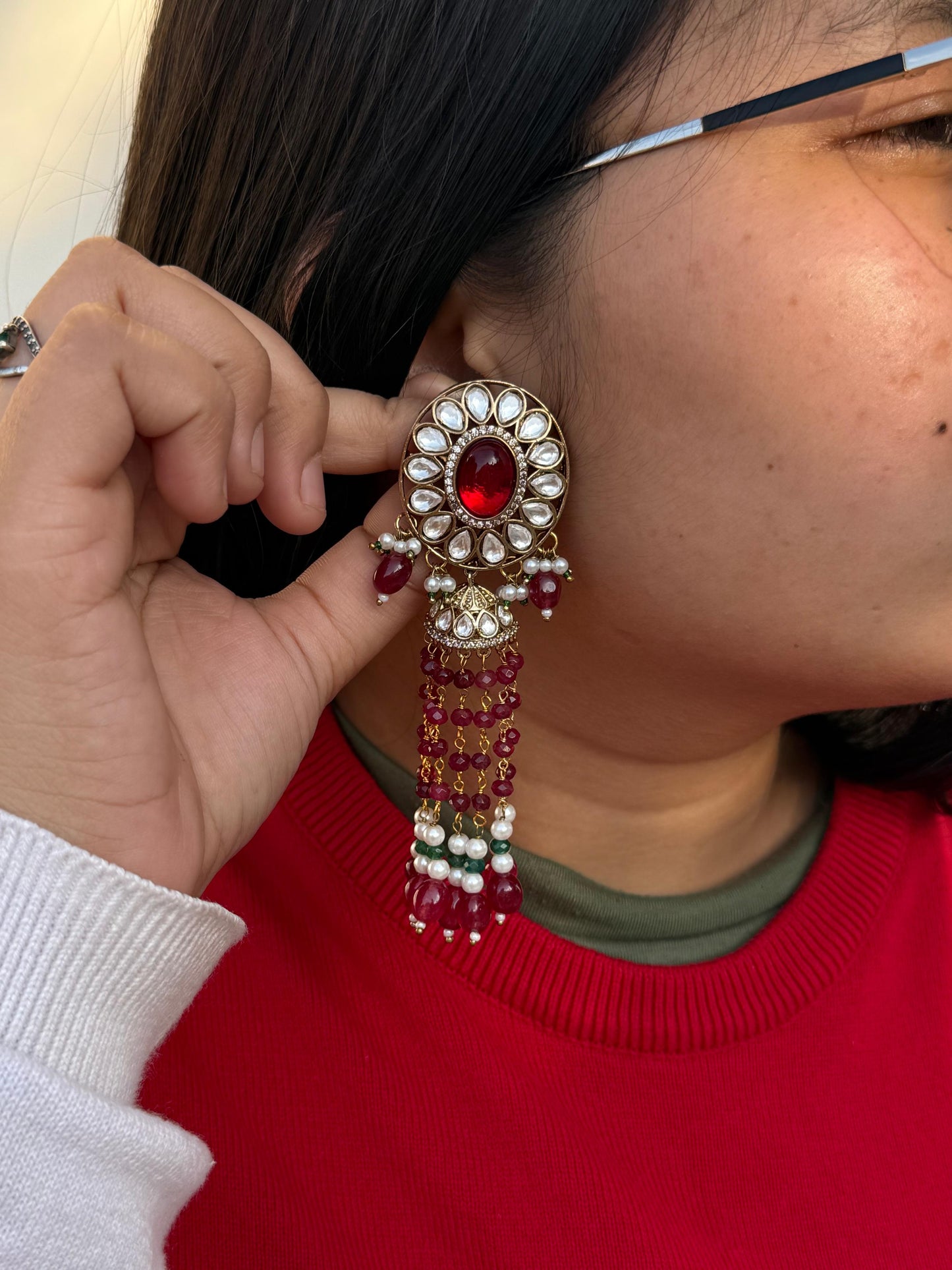Long Beading Kundan Earring in red for woman