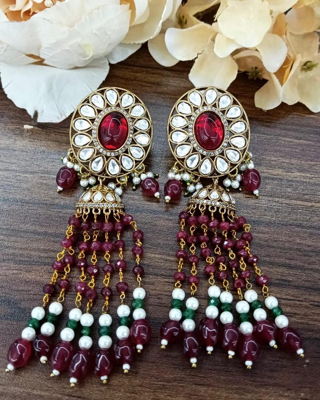 Long Beading Kundan Earring in red for woman