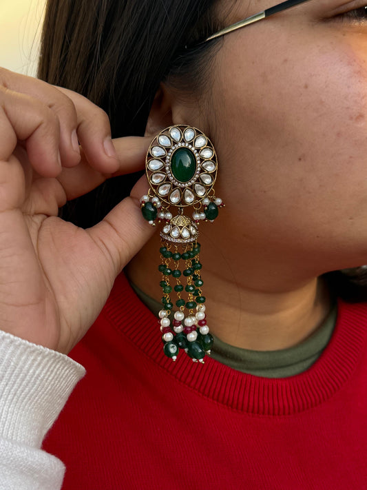 Long Beading Kundan Earring in green for woman
