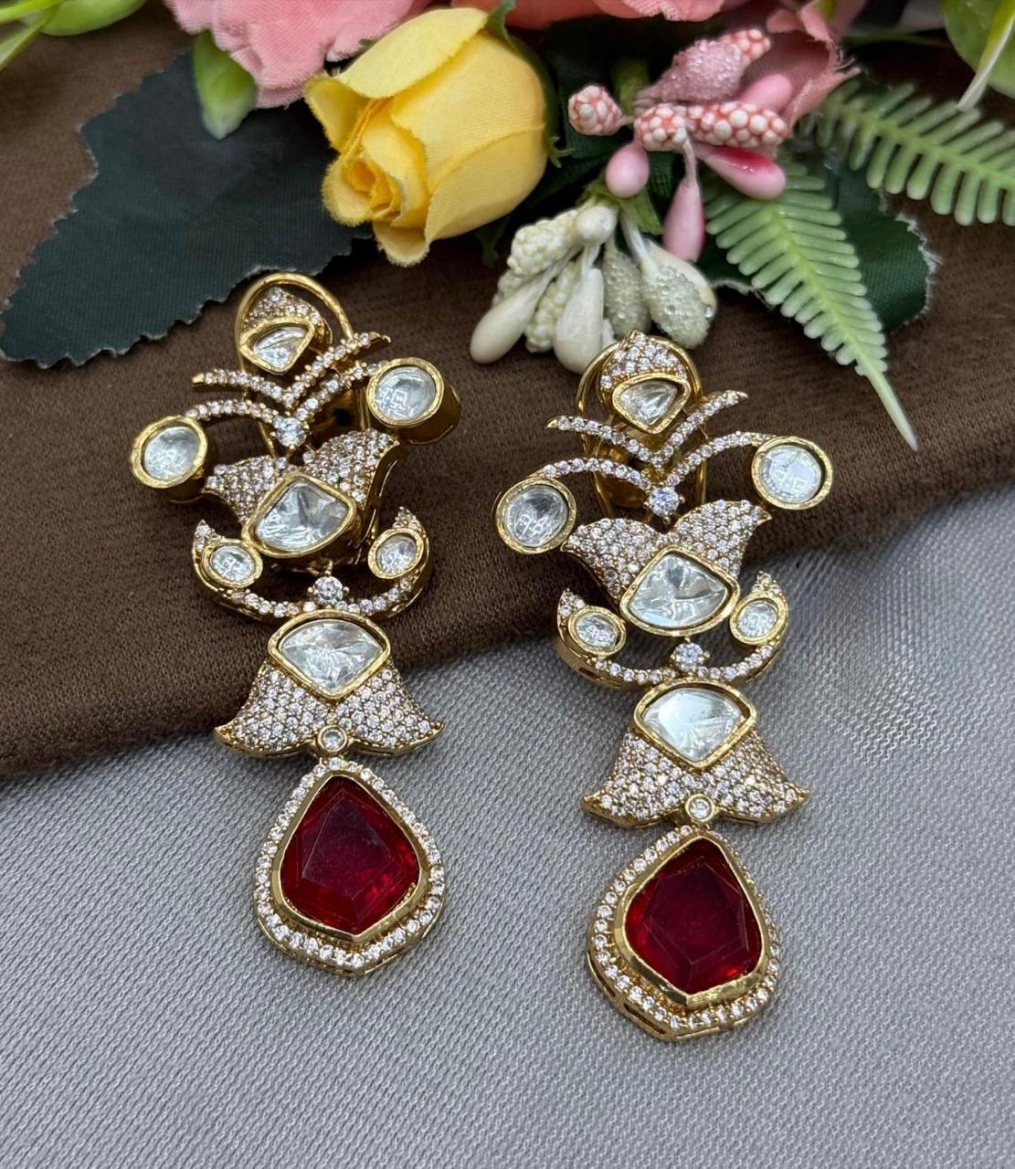 Mossanite With CZ And Doublet Earring in red for woman