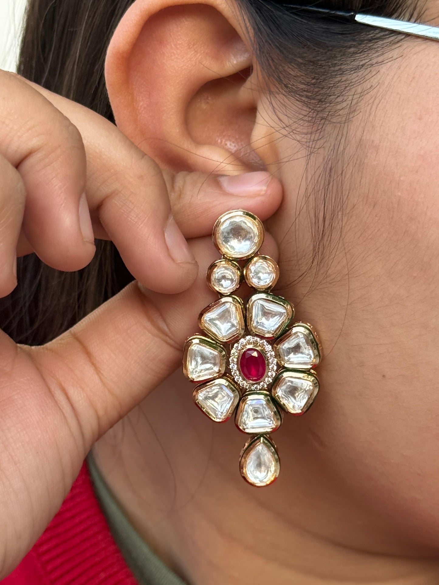 Meenakari With Kemp stone Earriing in red for woman