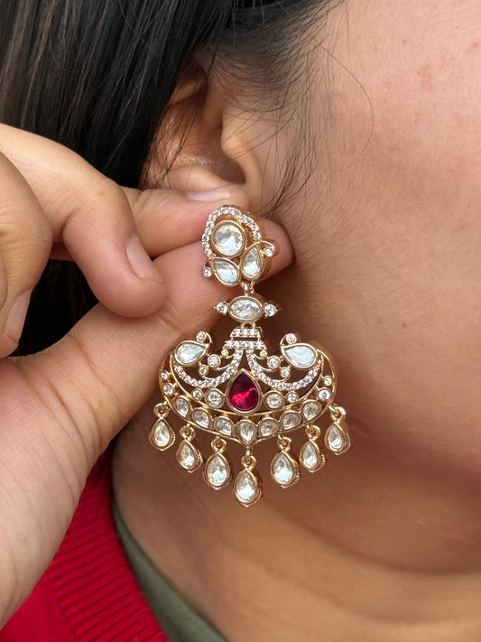Sunheri Kundan With Red Stone Earring in red for woman