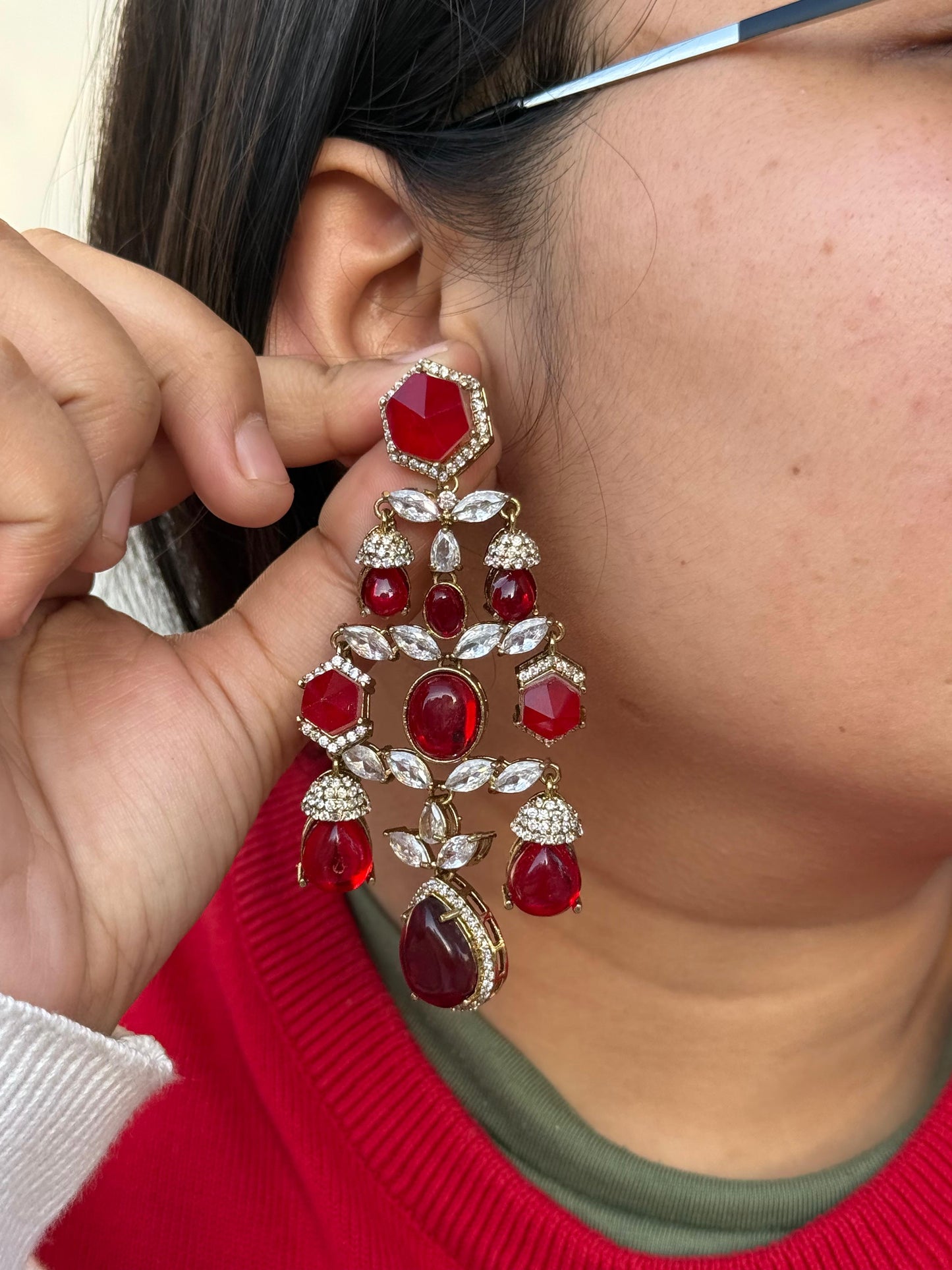 Pota Stone Long Kundan Earring in red for woman