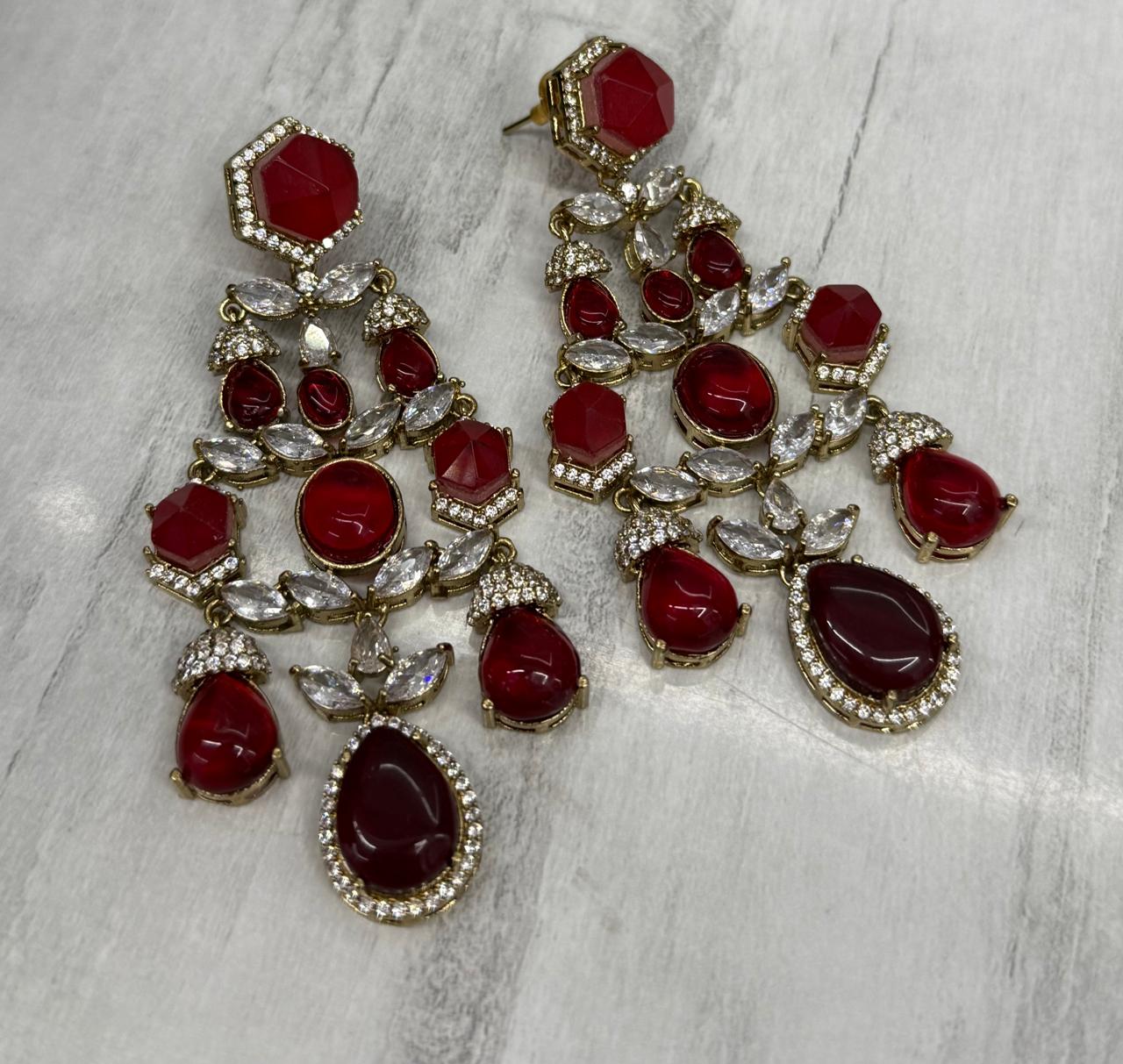 Pota Stone Long Kundan Earring in red for woman
