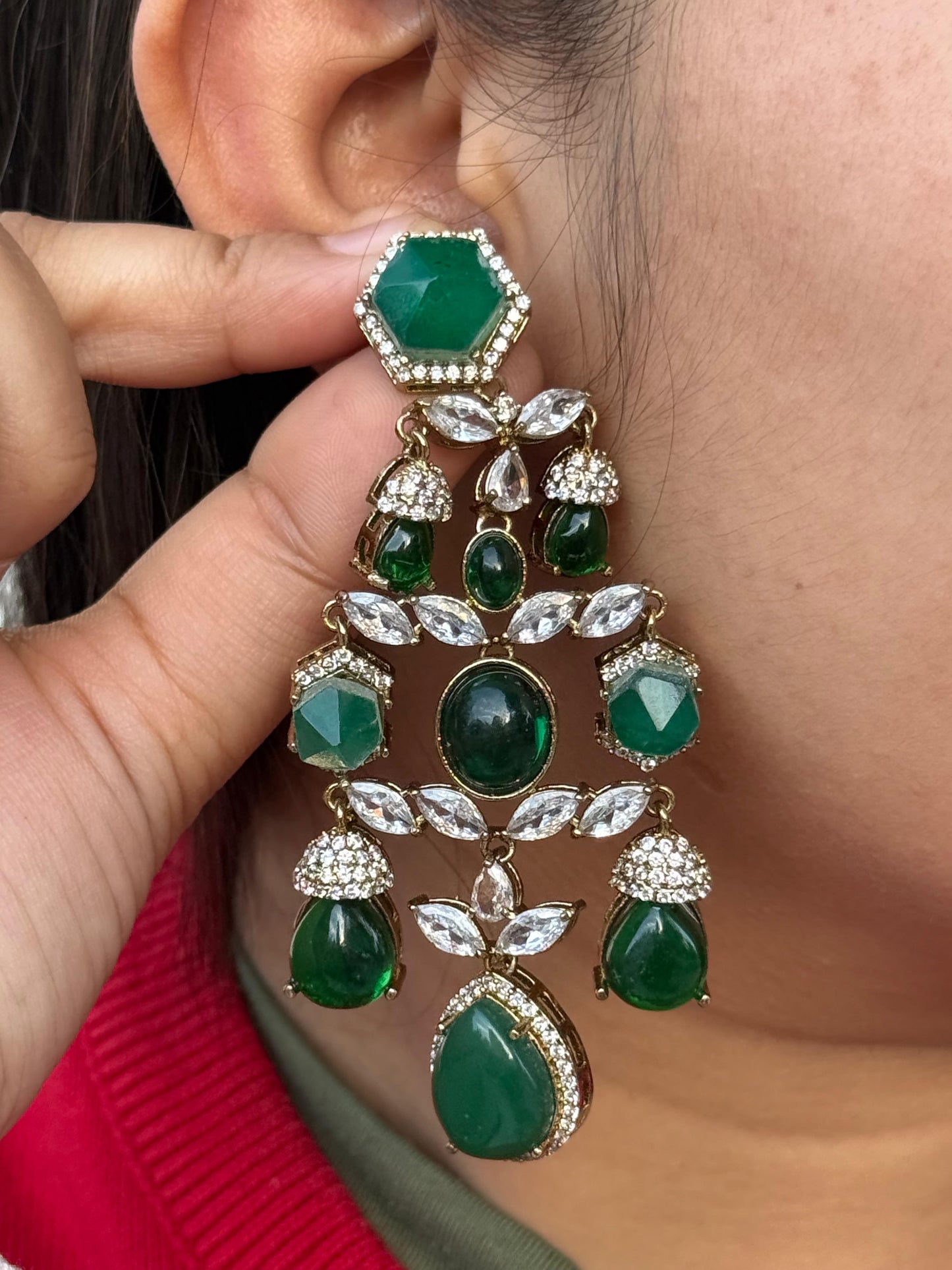 Pota Stone Long Kundan Earring in green for woman