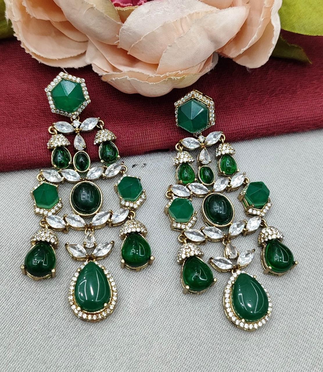 Pota Stone Long Kundan Earring in green for woman