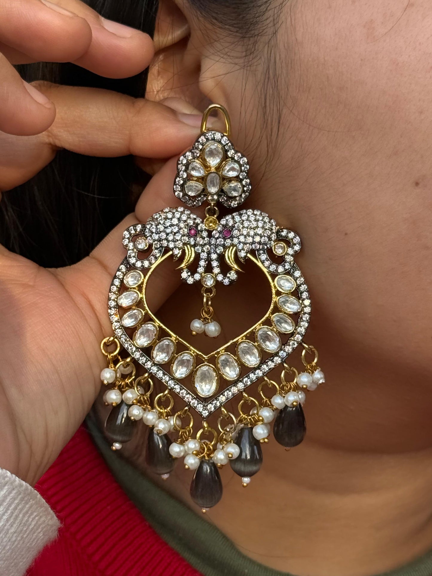 Beaded With Gold Polish Earring in Grey for woman